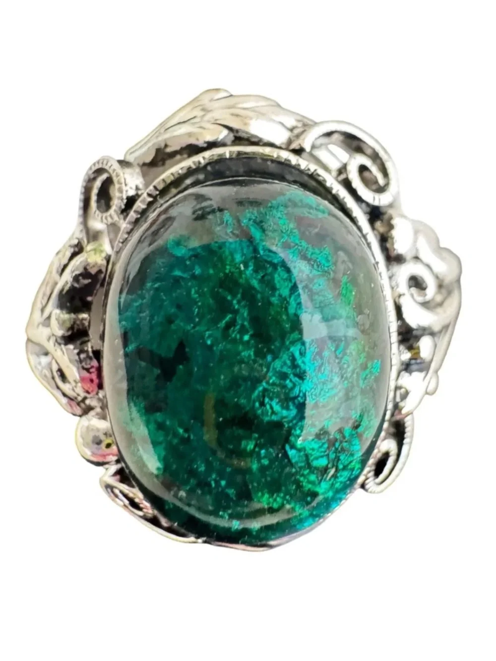Vintage Japanese Cloisonne Ring Green Enamel Cabochon Statement Adjustable Sz 7